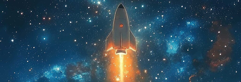 Zwei am Boden sitzende Kinder mit Blick auf eine Rakete