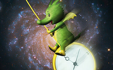 Tabaluga auf einer Uhr sitzend