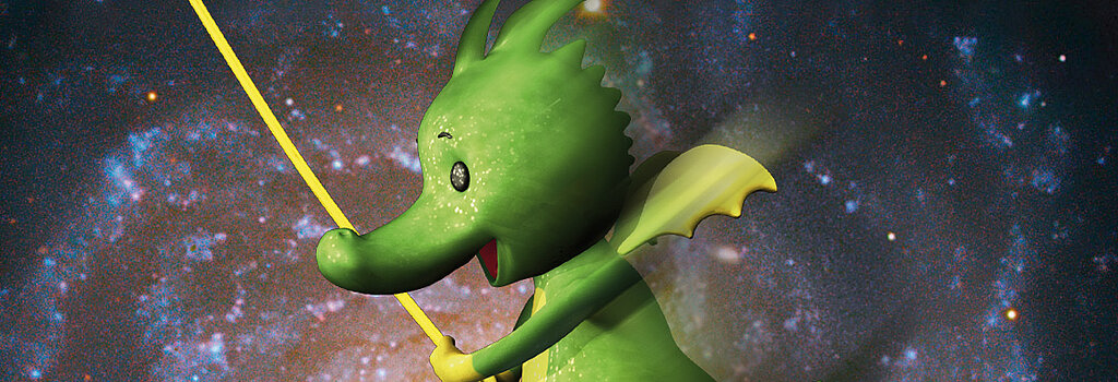 Tabaluga auf einer Uhr sitzend