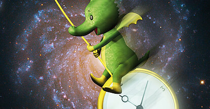 Tabaluga auf einer Uhr sitzend