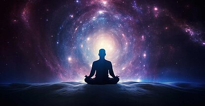 Mensch in Yoga-Pose vor Weltall