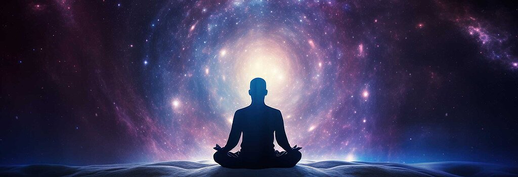 Mensch in Yoga-Pose vor Weltall