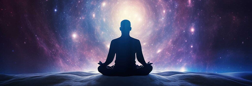 Mensch in Yoga-Pose vor Weltall