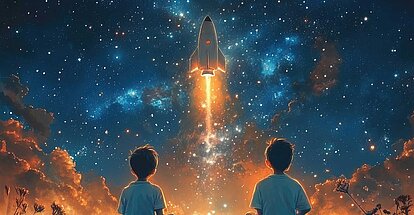 Zwei am Boden sitzende Kinder mit Blick auf eine Rakete