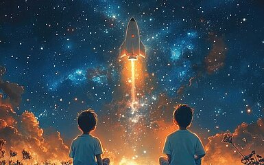 Zwei am Boden sitzende Kinder mit Blick auf eine Rakete