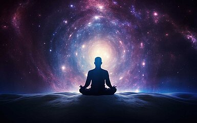 Mensch in Yoga-Pose vor Weltall